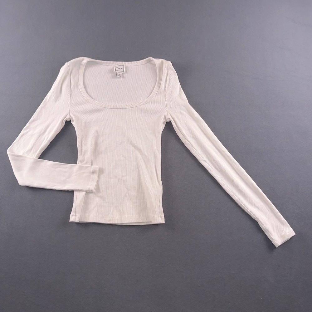 Maeve Anthropologie White Ribbed Scoop Neck Long Sleeve Top OB2459549 Small